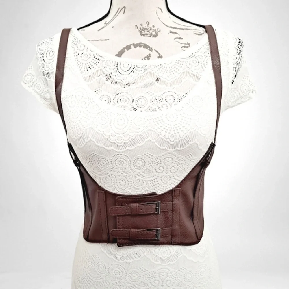 Western Corset brown faux leather body harness buckle suspenders steampunk belt